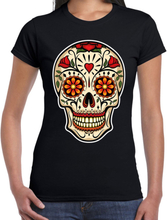 Day of the dead sugar skull rocker t-shirt zwart voor dames
