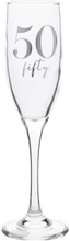 50 ÅR - Champagneglass med Sølvfarget Tekst og Motiver i Gaveeske 22 cm