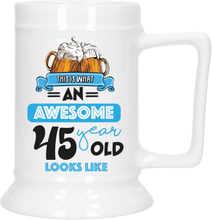 Cadeau Bierpul voor 45 jaar - blauw - grappige leeftijd bierpul - keramiek - 530 ml