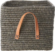 Rice - Small Square Raffia Basket with Leather Handles - Dark Grey Rose