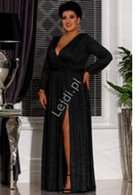 Czarna brokatowa sukienka Plus Size z długim rękawem, wyszczuplająca sukienka na wesele, Salma 2