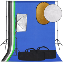 Studioutrustning med softbox-lampa, bakgrund och reflexskärm