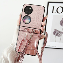 For Huawei P50 Pocket Crocodile Pattern Glitter Powder Shockproof Phone Case with Lanyard and Ring Holder(Rose Gold)