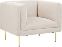 Nojatuoli beige kangas verhoiltu kulta rautajalat matala olohuoneen minimalistinen retro tyyli