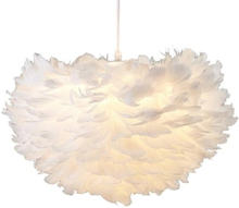 Modern and trendy ceiling lamp made of white feathers
