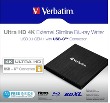 Verbatim 43888, Musta, Päältä, Kannettava tietokone, Blu-Ray DVD Combo, Serial ATA III, BD, BD-R, BD-R DL, CD, DVD