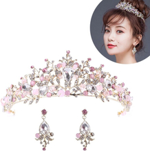 Pearl Bridal kattokruunut käsintehty pääpanta Crystal Wedding Queen Crown häät hiusklipsit (vaaleanpunainen korvakoruilla)
