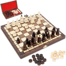 Shakkipeli shakki puinen shakkilauta ja tammipeli - 2 in 1 shakkilautasetti laadukas taitettava shakkinappuloilla isot lapsille ja aikuisille 30,5 x 3