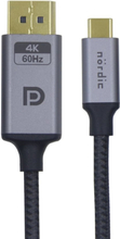 NÖRDIC 2 m USBC–Displayport -kaapeli, UHD 4K 60 Hz, DP 1.2, 21,6 Gb/s, HDCP Alt Mode, USB C, alumiiniliittimet, Space Grey