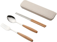3 in 1 Spoon Chopsticks Fork Cutlery Set Three-piece Creative Work Students Portable Tableware(Three-piece set of wooden handle spoon fork chopsticks)
