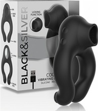 Black&silver - cock ring vibrating & licking silicone rechargeable black