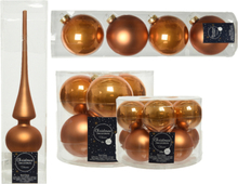 Set van 20x stuks glazen kerstballen cognac bruin 6 cm, 8 cm en 10 cm met glazen piek 26 cm