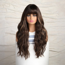 Long Curly Brown Hair Wig Natural and Voluminous Wavy Curls with Fringes Women's Wig with Hair Net Heat Resistant Synthetic for Cosplay Party Daily Use