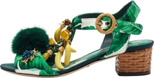 Dolce ; Gabbana Green Printed Satin Banana Embellished T-Strap Sandals