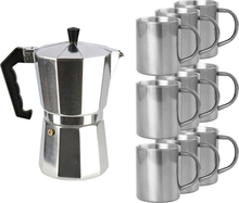 Zilveren percolator/espresso koffie apparaat met 9x RVS kopjes