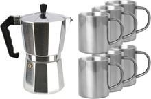 Zilveren percolator/espresso koffie apparaat met 6x RVS kopjes