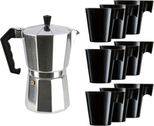 Zilveren percolator/espresso koffie apparaat met 9x zwarte kopjes