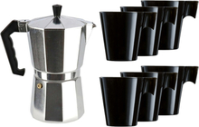 Zilveren percolator/espresso koffie apparaat met 6x zwarte kopjes