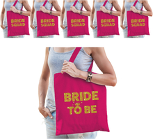 Vrijgezellenfeest vrouw katoenen tasjes pakket - 1x Bride to Be roze goud + 5x Bride Squad roze goud