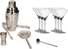 Cocktailshaker set RVS 5-delig inclusief 6x luxe cocktail/martini glazen 260 ml