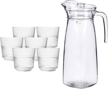 Glazen karaf/schenkkan met deksel van 1,4 liter met 6x stuks drinkglazen/waterglazen 270 ml