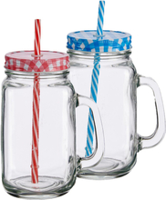 Set van 12x stuks glazen Mason Jar drinkbekers/drinkpotjes met gekleurde dop en rietje 700 ml