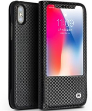 QIALINO for iPhone X / Xs Business View Window Textured Genuine Leather Stand Case