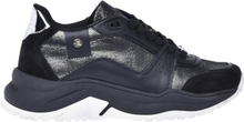 Low-top trainers in black leather and glitter fabric