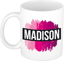 Madison naam / voornaam kado beker / mok roze verfstrepen - Gepersonaliseerde mok met naam