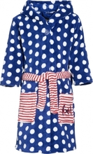 Blauwe badjas/ochtendjas met witte stippen print voor kinderen.