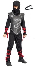 Ninja kostuum maat M met vechtstokken voor kinderen