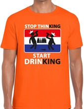 Oranje Stop thinking start drinking t-shirt heren