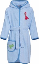 Blauwe badjas/ochtendjas met dinosaurus logo voor kinderen.