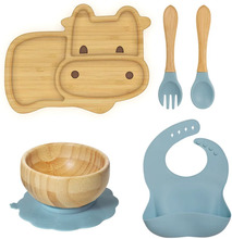 5pcs Bamboo Tableware Suction Plate Bowl Baby Feeding Spoon Fork for Kids Tableware Bamboo Dishes Bib Feeding Tableware Sets