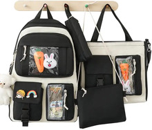 Kawaii Backpack Set 4 Pcs Canvas School Backpack Combo Set Shoulder Bag Pencil Bag Waist Bag Set With Cute Pins And Pendants For