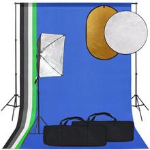 Studioutrustning med softbox-lampa, bakgrund och reflexskärm