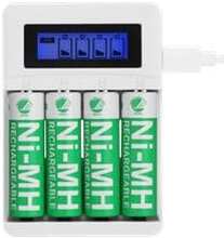 DELTACO USB batteriladdare för 4xAA/AAA Ni-MH/Ni-Cd batterier, inkluderar 4x AA batterier, vit