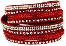 Wrap Läderarmband/Läder Armband med Strass / Rhinestones - Röd