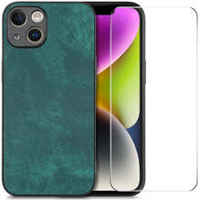 For iPhone 14 ENKAY Retro Leather Skin PC Phone Case with High Aluminum-silicon Glass Film(Green)