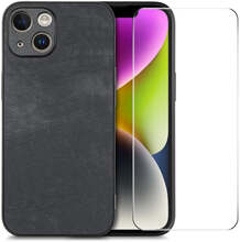 For iPhone 14 ENKAY Retro Leather Skin PC Phone Case with High Aluminum-silicon Glass Film(Black)