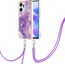 For Honor X7a Electroplating Marble Dual-side IMD Phone Case with Lanyard(Purple 002)
