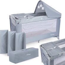 Moby-System Resesäng, hopfällbar, reseleksak, två nivåer av madrass, tak med plyschleksaker, grå...