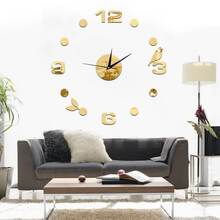 Art Wall Clock Background Wall Stickers TV Wall Stickers 3D Bird Leaves Wall Clock Home Accessories(Gold)