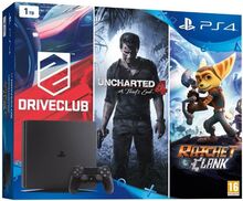 pack Sony playstation 4 Slim Black 1TB + 3 spel : Uncharted 4 : A Thief's End Game + DriveClub + Ratchet and Clank ( begagnad, bra skick ) ( ps4)