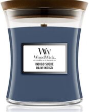 WoodWick Indigo Suede - scented candle with wooden wick and lid glass medium 275 g
