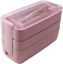 900ml 3 Layers Bento Box Lunch Box Food Container Wheat Straw Material Microwavable Dinnerware Lunchbox(Pink)