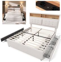 Dubbelsäng med förvaring och USB-uttag - XMTECH - 160x200cm - Justerbar sänggavel - Rymlig förvaring - Beige