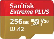 SanDisk Extreme PLUS - Flash-minneskort (microSDXC till SD-adapter inkluderad) - 256 GB - A2 / Video Class V30 / UHS-I U3 / Class10 - mikroSDXC UHS-I