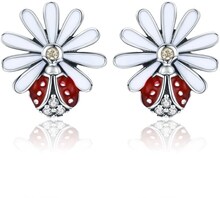 Sterling Silver Ladybug Flower Earrings Drop Oil Diamond Earrings Female Earrings