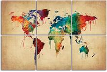 Premium Canvastavla - Världskarta Världen i Färg, 6-delar (Karta, Stor Tavla)